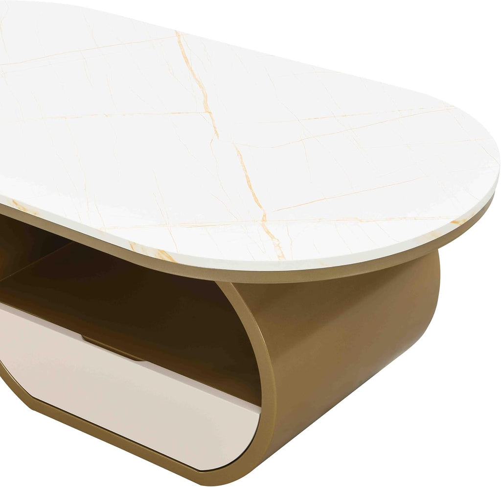 Modern Oval Coffee Table, 47.24' White Faux Marble Coffee Table with Storage Drawer, Luxury Living Room Coffee Accent Center Table with Gold Base for Apartment