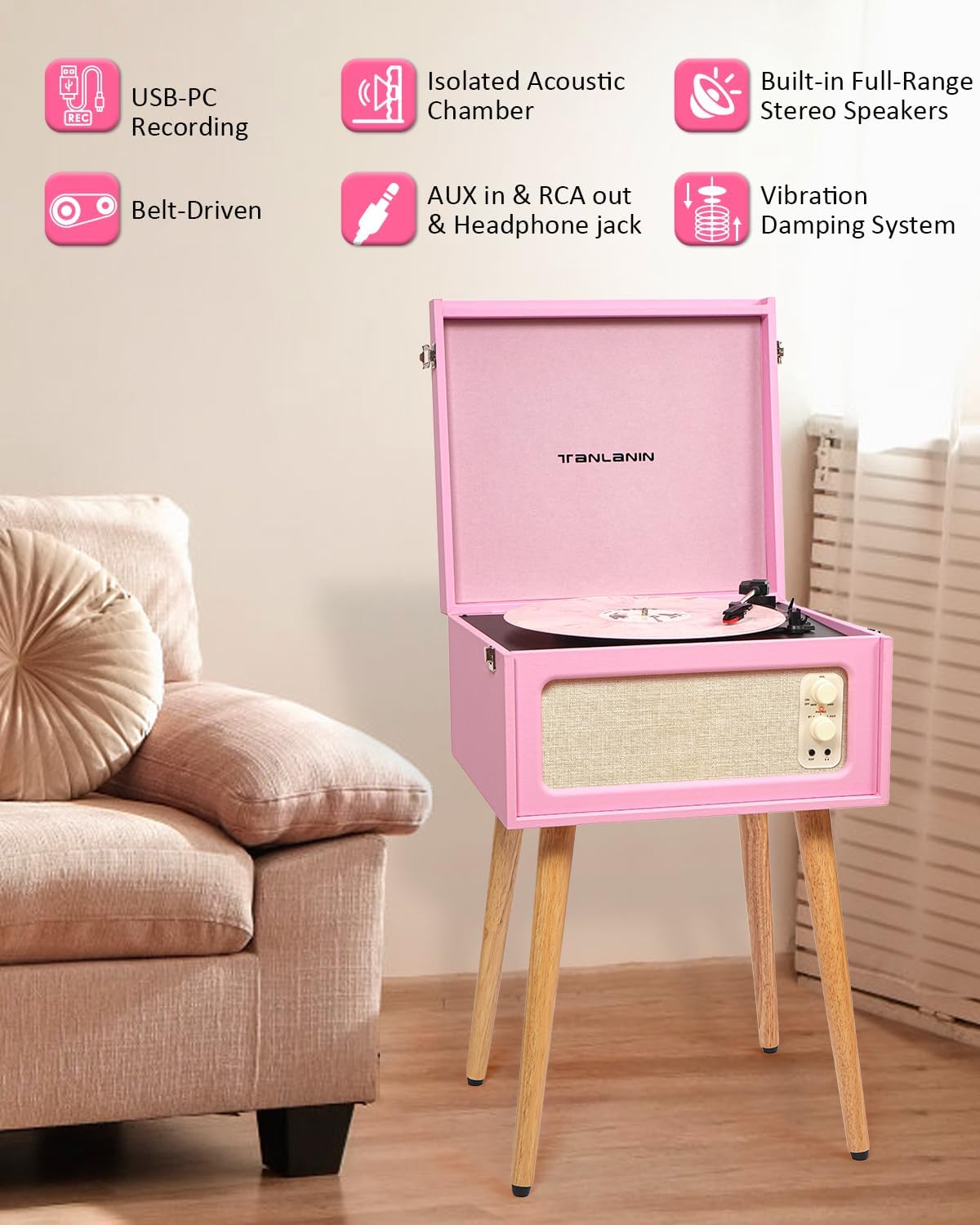 Vintage Standing Pink Vinyl Record Player with Detachable Legs, Built-in 4 Speakers, USB to PC Encoding, 33/45/78 RPM LP Player Bluetooth Retro Turntables Support Headphone Jack, RCA Out, AUX in