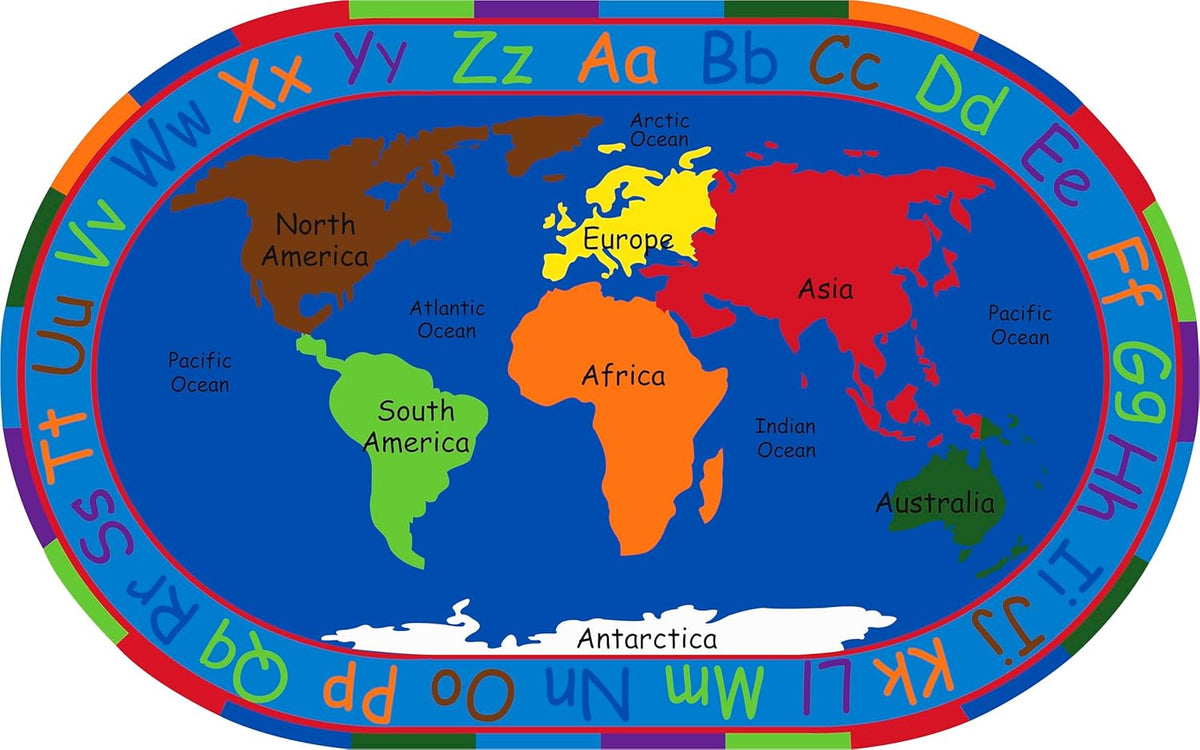 KIDCARPET.COM All Around The World Map Rug, 7'6' x 12' Oval, Multicolored