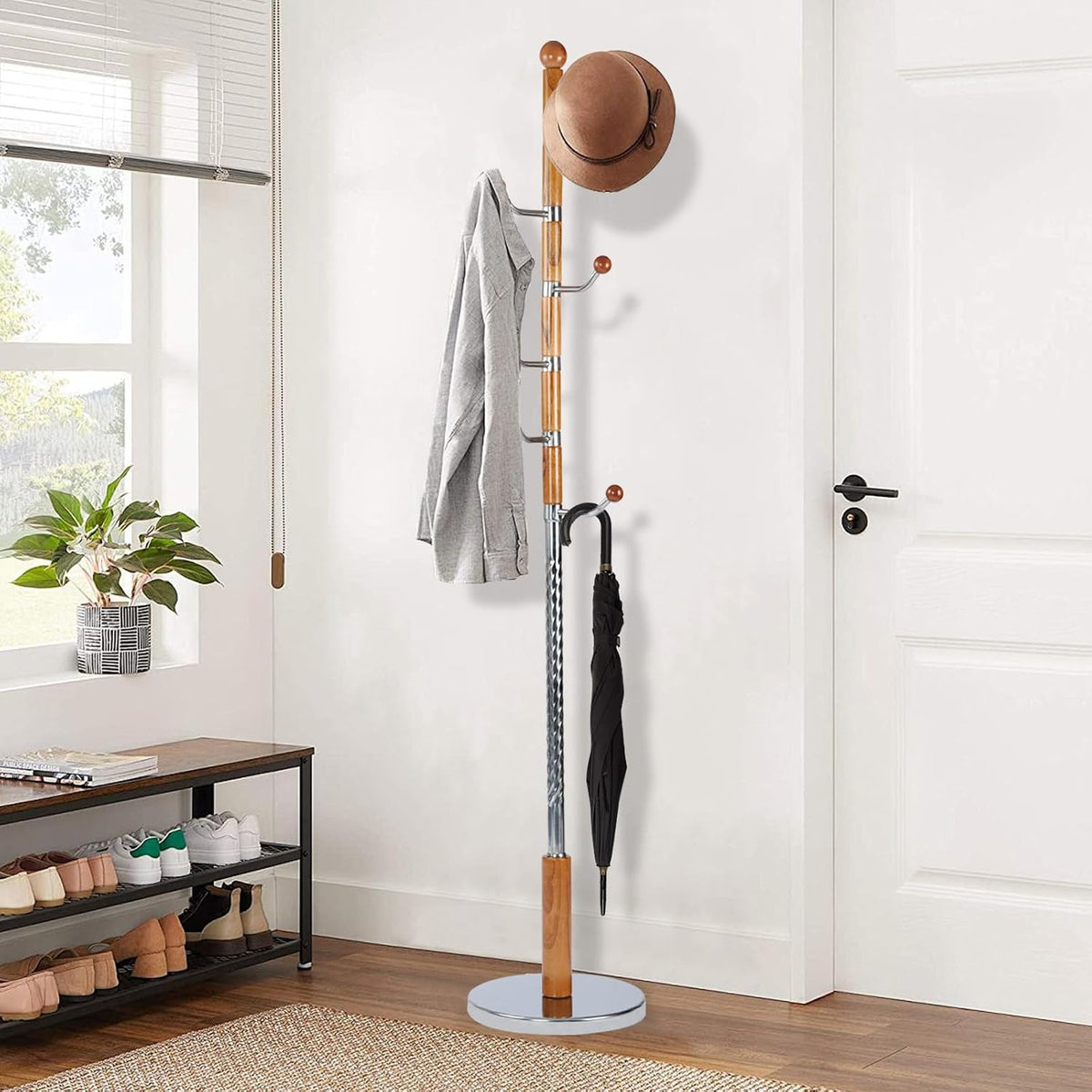 Wooden Coat Rack Freestanding, Vintage Coat Racks with Sturdy Round Base, Adjustable Height 37.40'-72.83' Entrance Coat Rack for Bedroom Living Room Entryway (Solid Wood Metal Hook)
