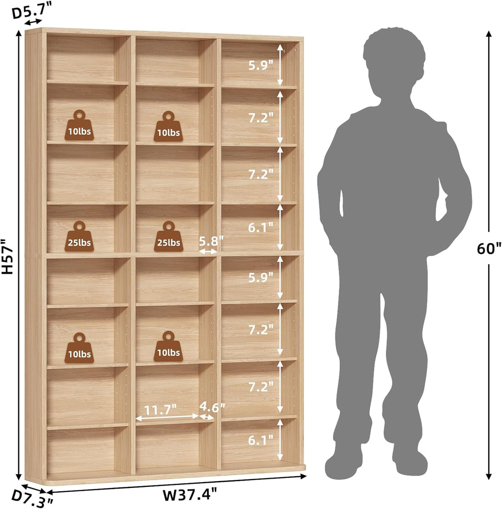 8 Tier Tall Display Cabinet, Natural Media Storage Cabinet with Adjustable Shelves, Free Standing DVD Organizer Shelf, Floor multimedia storage manga bookshelf for Living Room & Home Office.