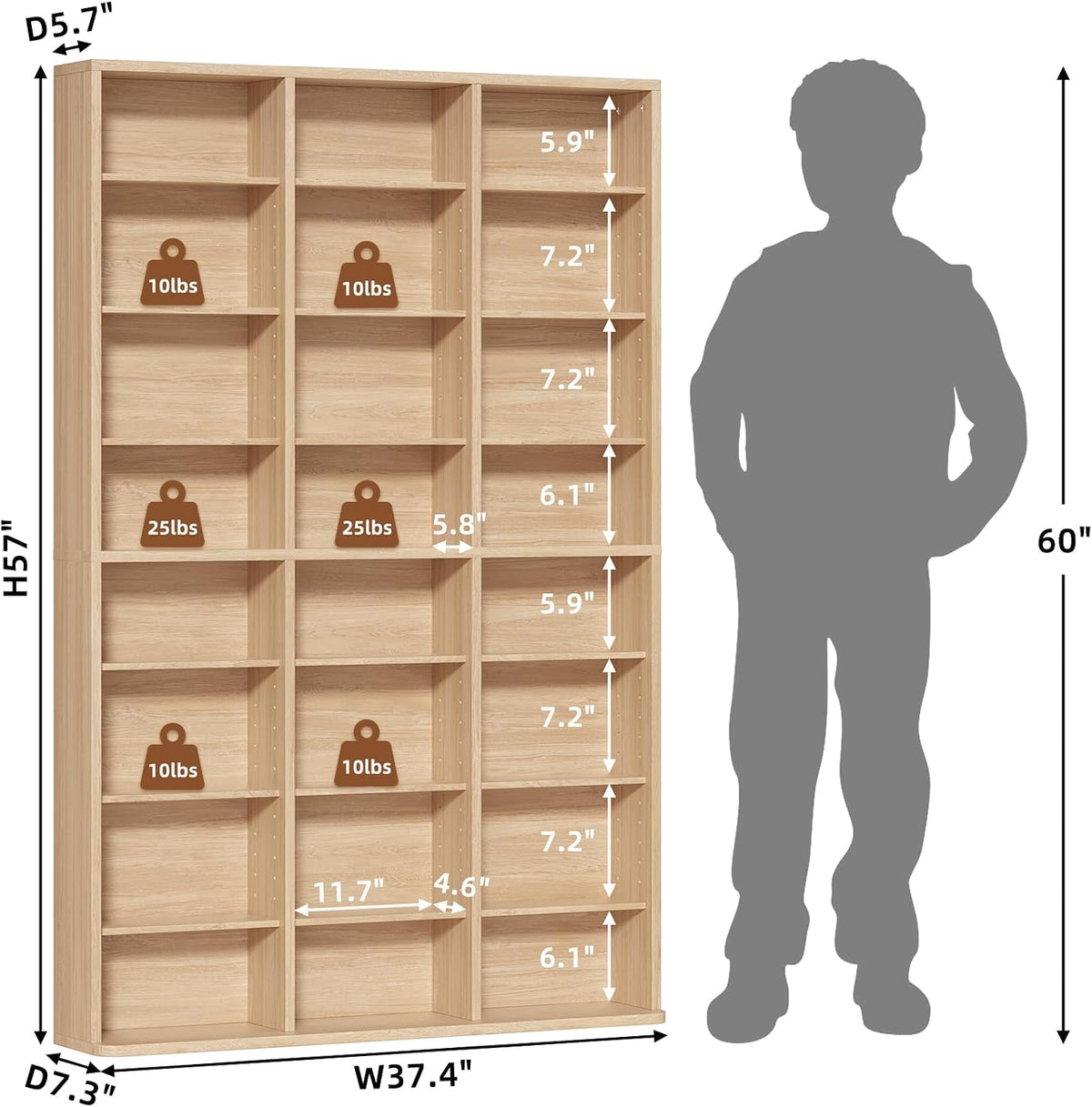 8 Tier Tall Display Cabinet, Natural Media Storage Cabinet with Adjustable Shelves, Free Standing DVD Organizer Shelf, Floor multimedia storage manga bookshelf for Living Room & Home Office.