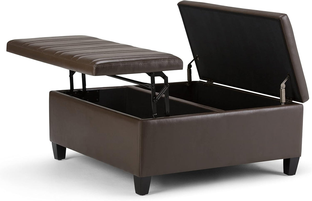 SIMPLIHOME Ellis 36 inch Wide Contemporary Square Coffee Table Storage Ottoman in Chocolate Brown Vegan Faux Leather, Assembled, For the Living Room and Bedroom