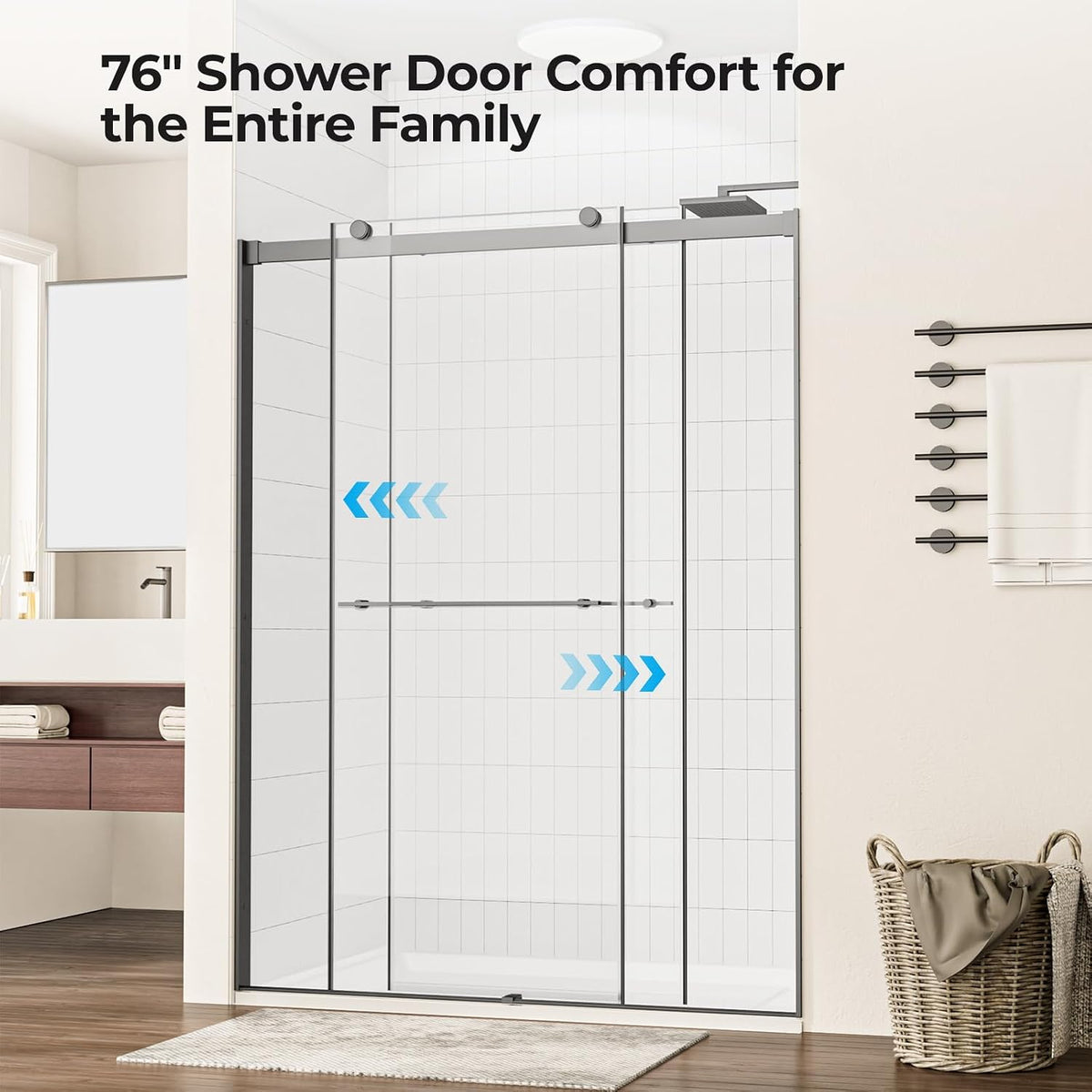 Bathbliss Frameless Sliding Shower Door, 54' W×76' H Matte Black Shower Glass Door, 5/16'(8mm) Clear Tempered Glass with Easy-Clean Coating and Towel Holder