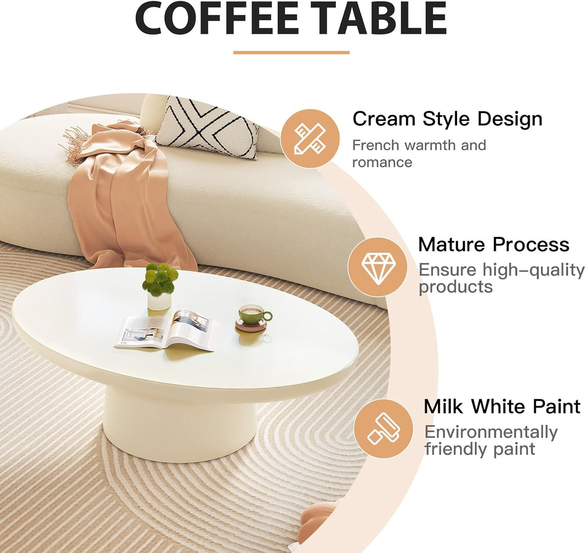 46' Oval Coffee Table, Mid-Century Modern Drum Coffee Table with Sturdy Pedestal & Thick Tabletop, Low Coffee Table for Living Room & Office, Easy Assembly, White
