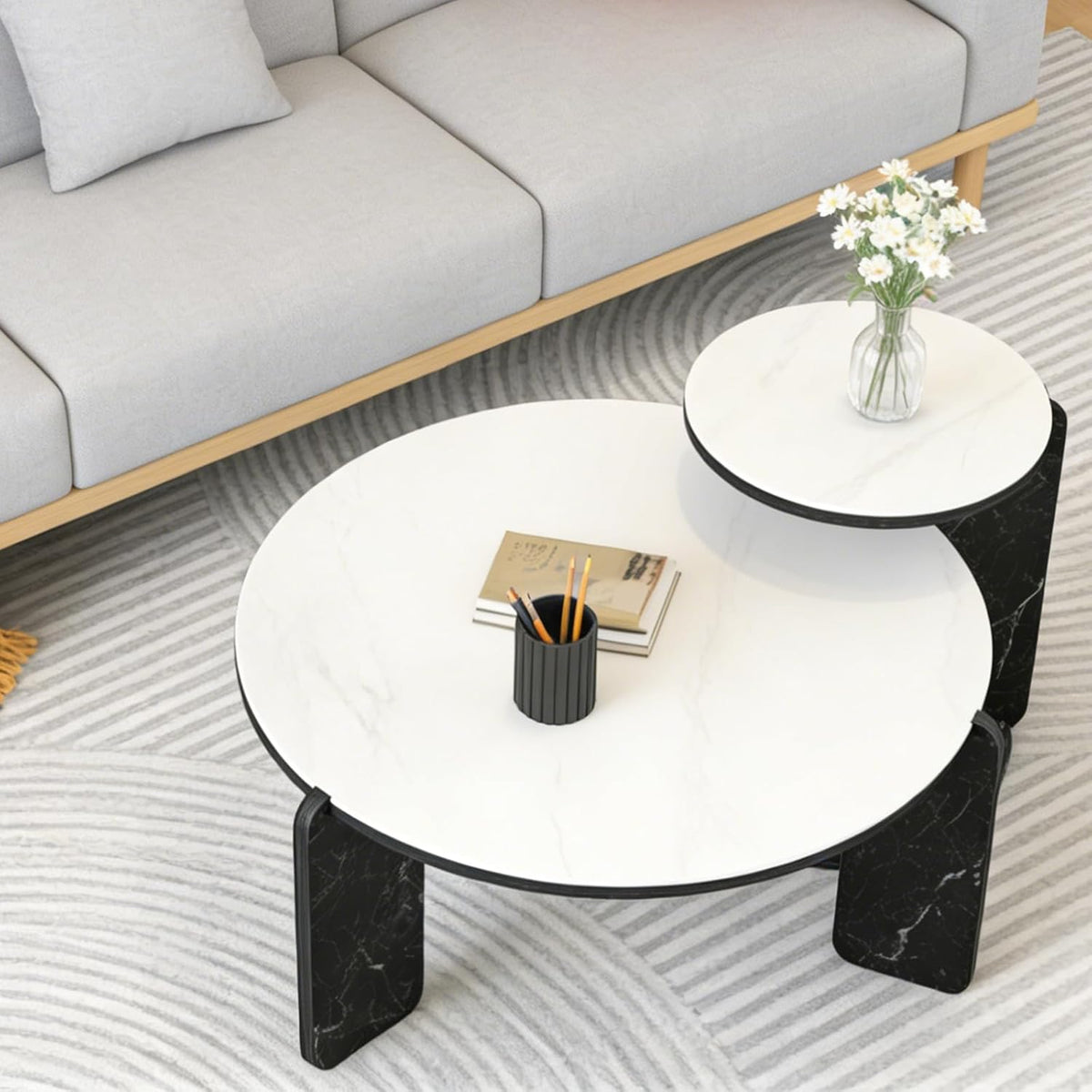 Modern Nesting Coffee Table Set of 2, 2-Piece Modern 32.68' & 16.93' Round Living Table Set with White Sintered Stone Top and Black Sintered Stone Legs for Living Room