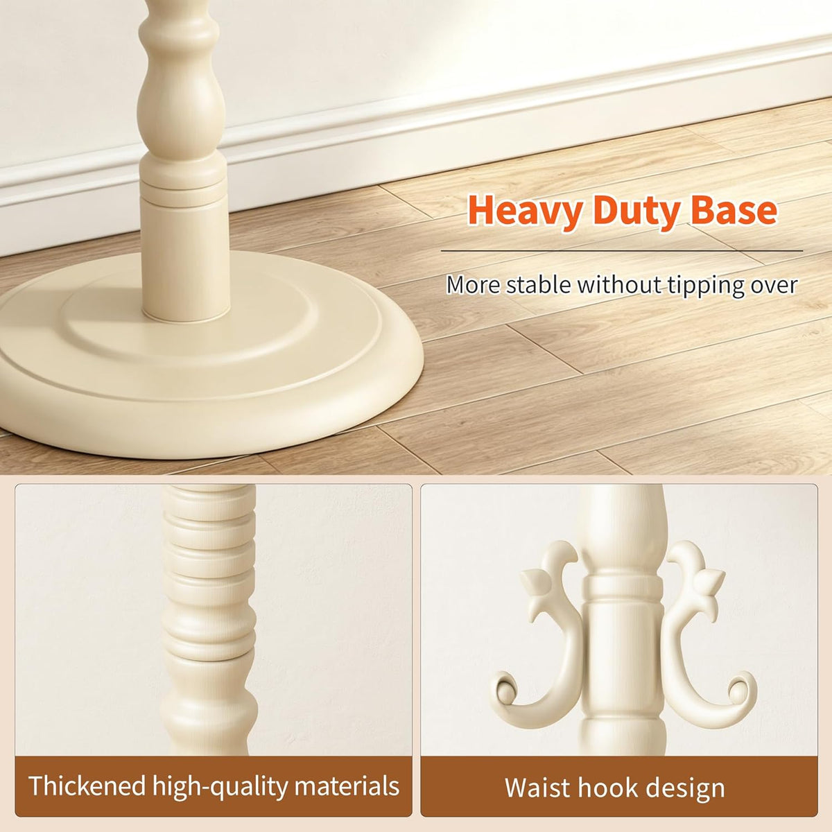 Wood Coat Rack Stand Wooden Coat Rack Freestanding Hall Coat Tree with Sturdy Round Base and 14 Hooks for Hats Bags Purses Vintage Coat Tree Hanger Stand for Entryway Hallway Bedroom, White