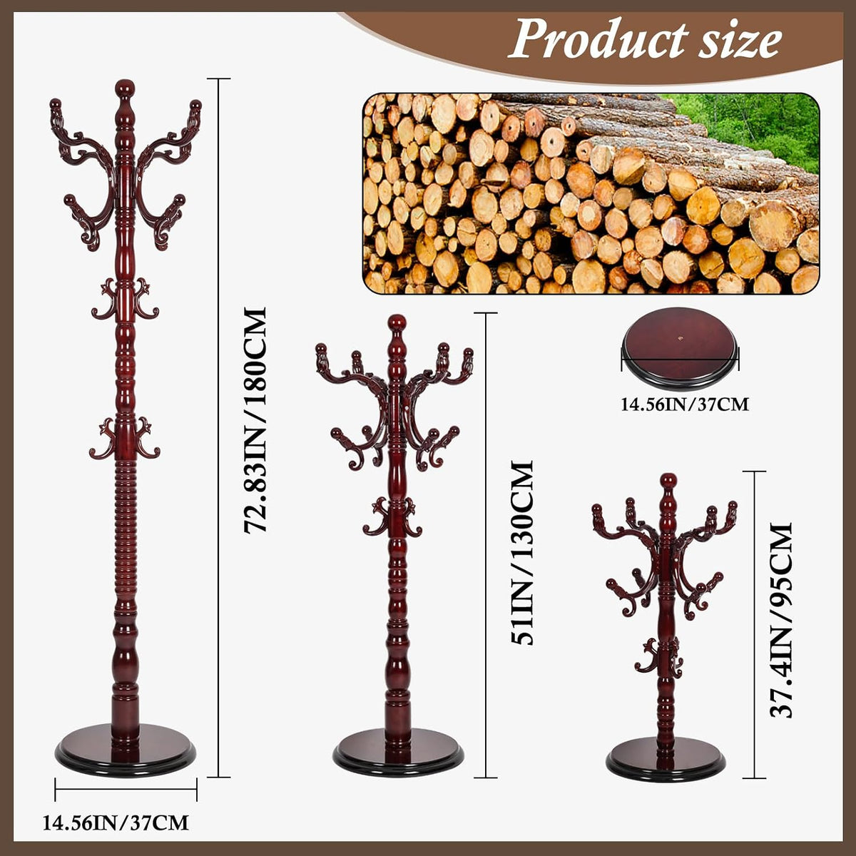Wooden Coat Rack Freestanding, Vintage Coat Racks with Sturdy Round Base, Adjustable Height 37.40'-72.83' Entrance Coat Rack for Bedroom Living Room Entryway (Solid wood Rosewood)