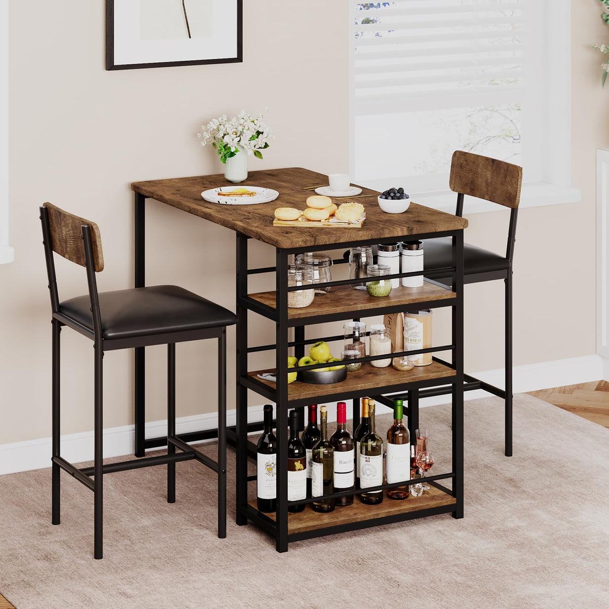 Takywep Compact Dining Table Set for 2 with Storage Shelves, Counter Height Bar Table with Upholstered Stools, Small Kitchen Table with Round Corner and Footrest, Perfect for Small Area, Brown