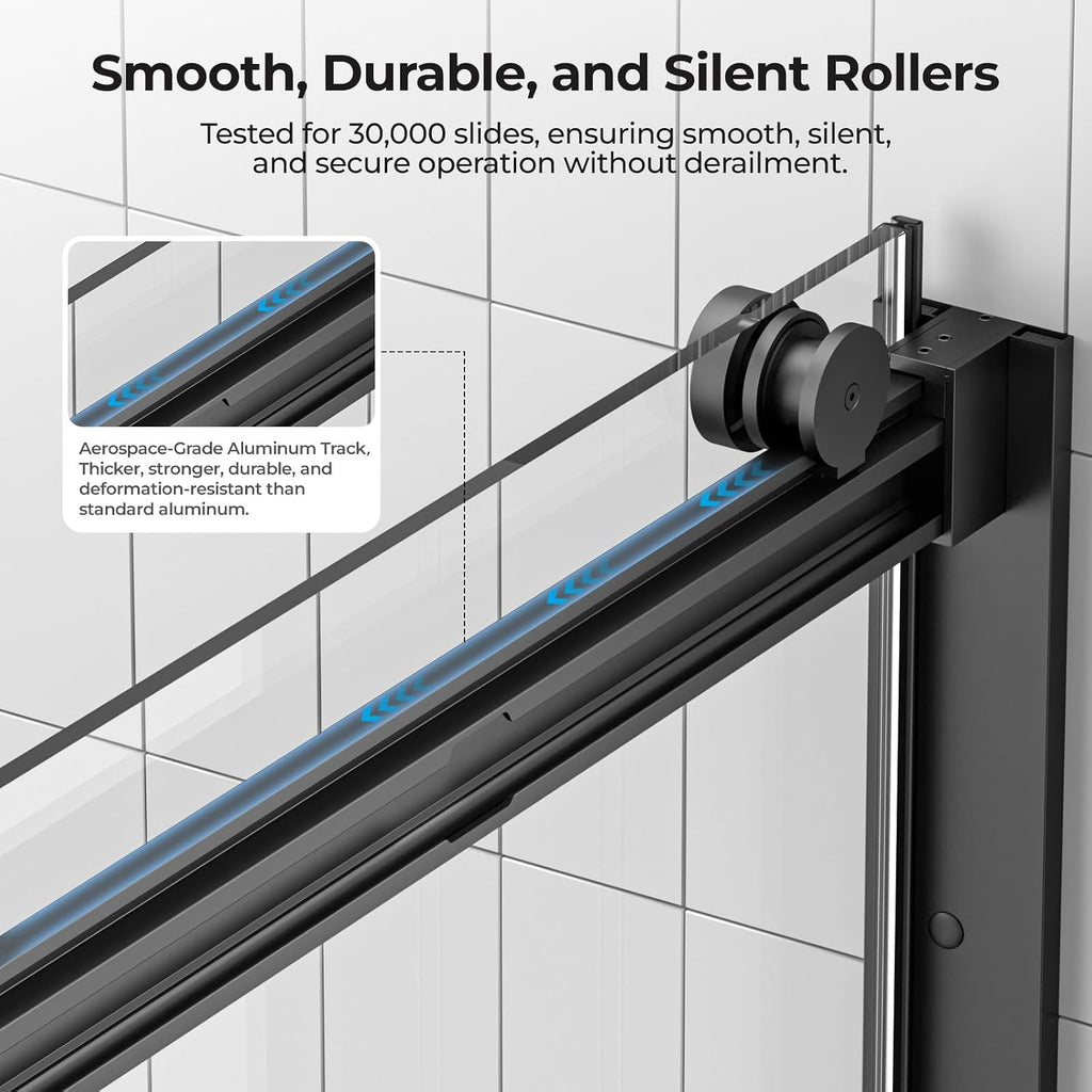 Bathbliss 60' Wx60 H Shower Door, Sliding Shower Door for Bathtub, 5/16' (8mm) Tempered Glass Shower Door with Towel Holder and Soft-Close Silent Rollers, Matte Black