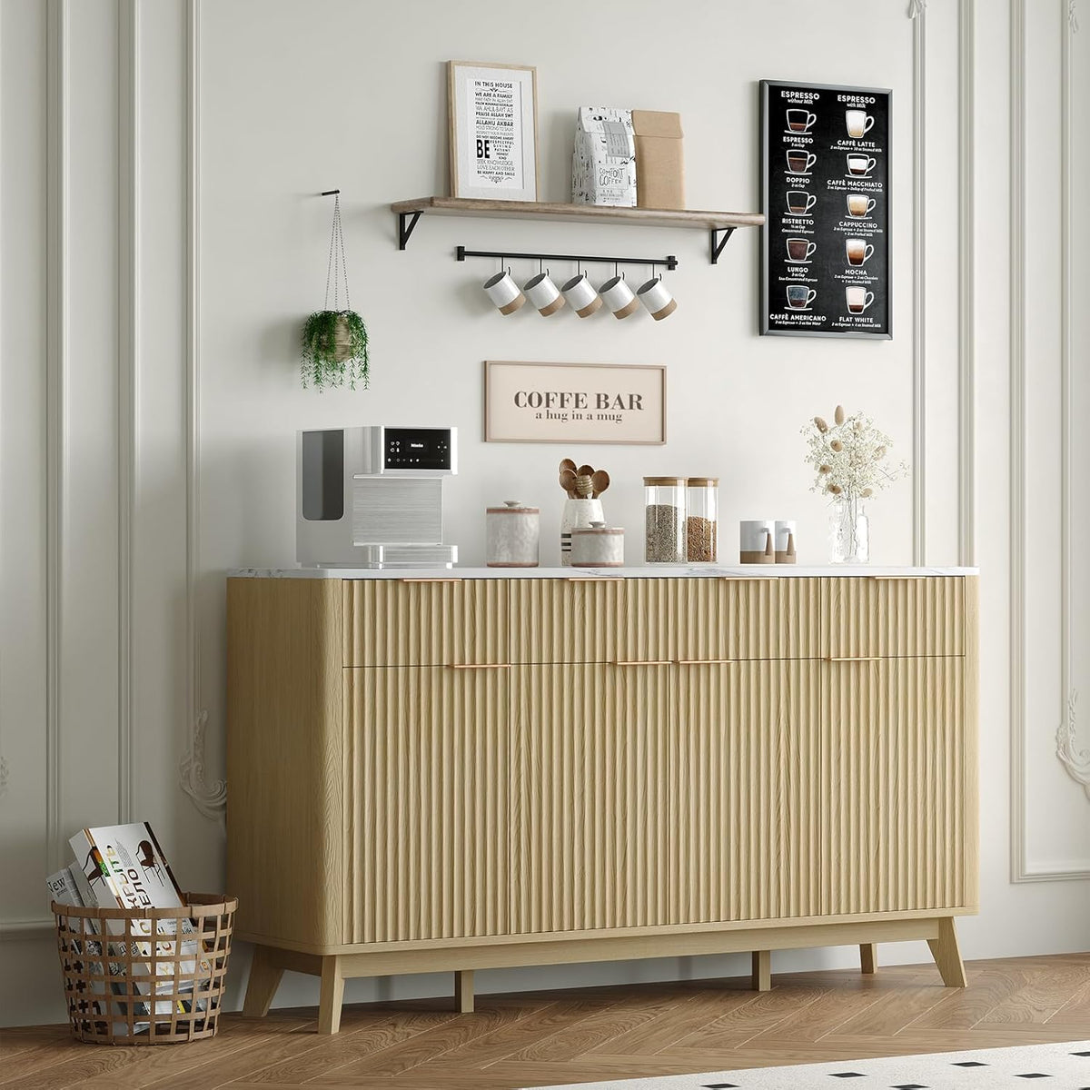 IDEALHOUSE 60' Large Farmhouse Sideboard Buffet Cabinet with Storage Drawers & Adjustable Shelves, Wood Fluted Buffet Storage Cabinet & Coffee Bar Console Table for Living Room & Kitchen Dining Room