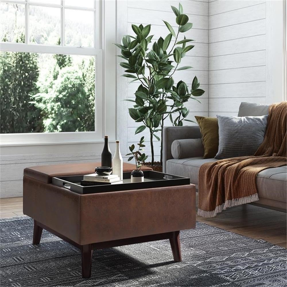 Pemberly Row Mid Century Faux Leather Storage Ottoman with Lift Top, Square Coffee Table for Living Room with Large Storage Space, Distressed Brown Upholstered Footrest with Wood Legs