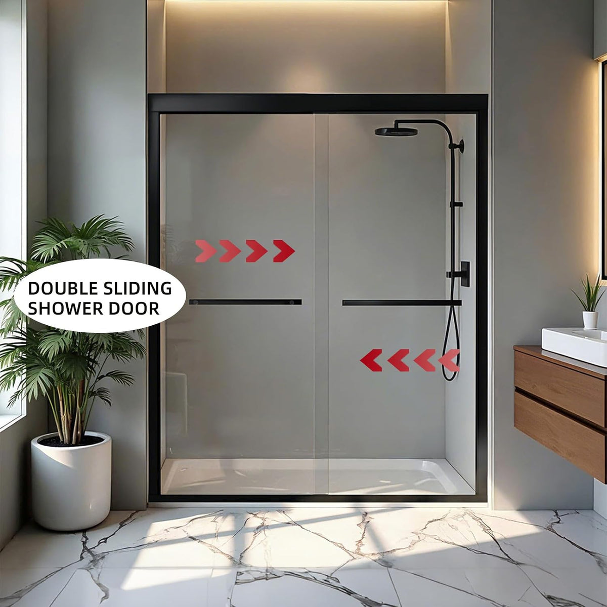 Shower Door 56-60' W x 72' H, Semi-Frameless Sliding Glass Shower Door, 1/4' (6mm) SGCC Tempered Glass Bathroom Sliding Door, Matte Black Finish, 304 Stainless Steel Hardware