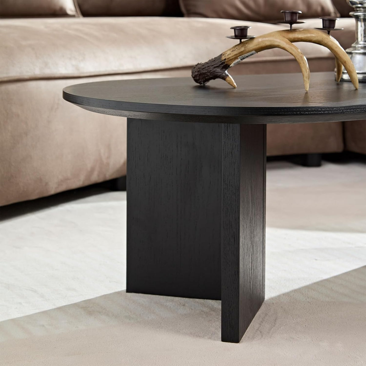 LKTART 39.37 Inch Oval Coffee Table for Living Room, Modern Small Coffee Table with Sturdy Pedestal for Apartment, Bedroom, Black