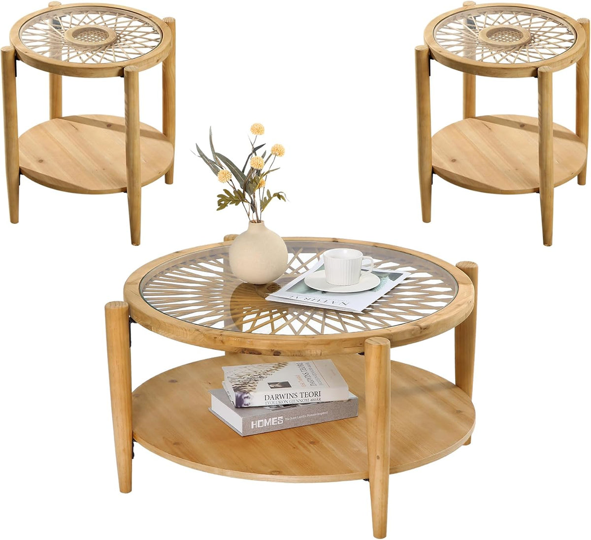 RUSTOWN Rattan Coffee Table Set of 3, Boho Living Room Table Set Includes Round Coffee Table & 2 End Tables, 3-Piece Accent Sofa Side Coffee Tables Set with Rattan & Tempered Glass Top (Natural)