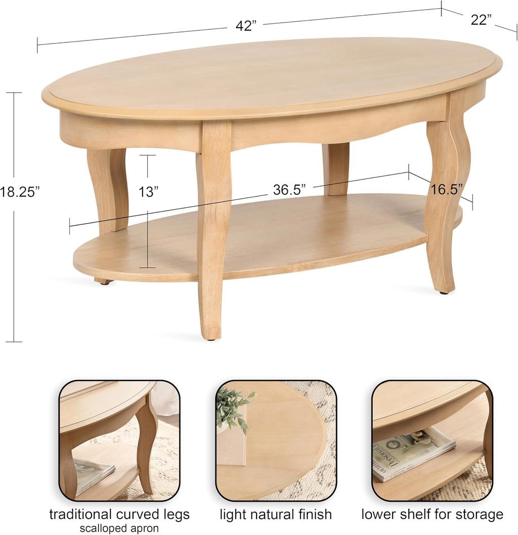 Kate and Laurel Sutherlin Vintage Tiered Oval Coffee Table, 42 x 22 x 19, Light Natural, Traditional Two-Tier Oval Living Room Table with Storage for Use as Useful Home Decor Option