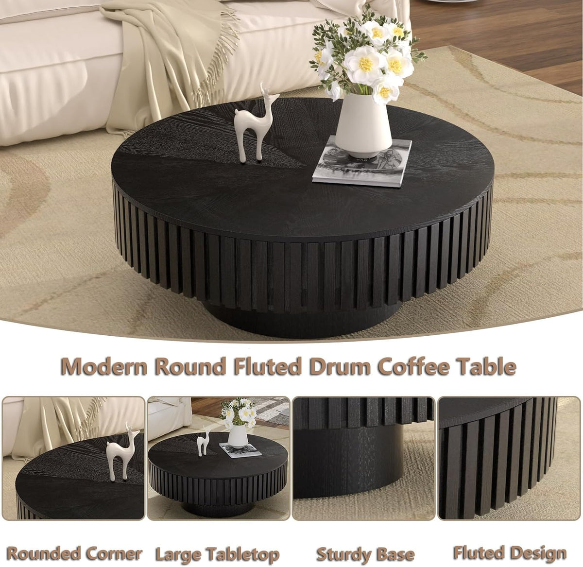 Round Handcraft Fluted Coffee Table with Sturdy Stable Pedestal Modern Luxury Drum Center Table Circle Accent Base Center Tables for Living Room Apartment (J)