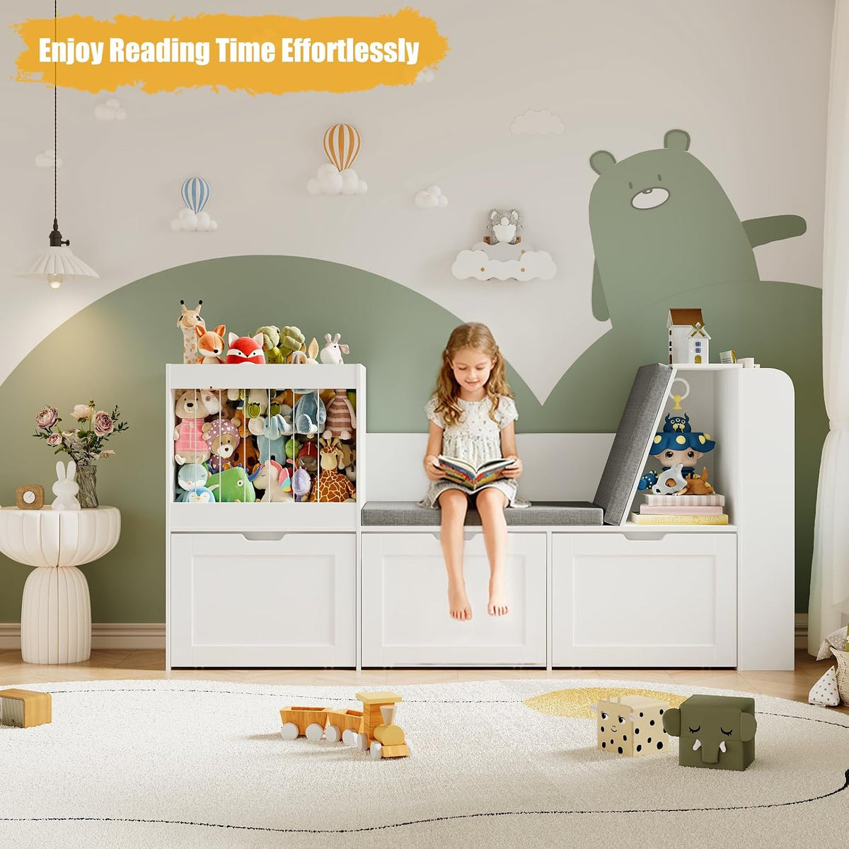 66.9' Kids Reading Nook, Toy Storage Organizer with Stuffed Animal Storage, Bench and Removable Cushions, Wooden Toddler Bookshelf with 3 Movable Drawers for Nursery, Playroom (White)