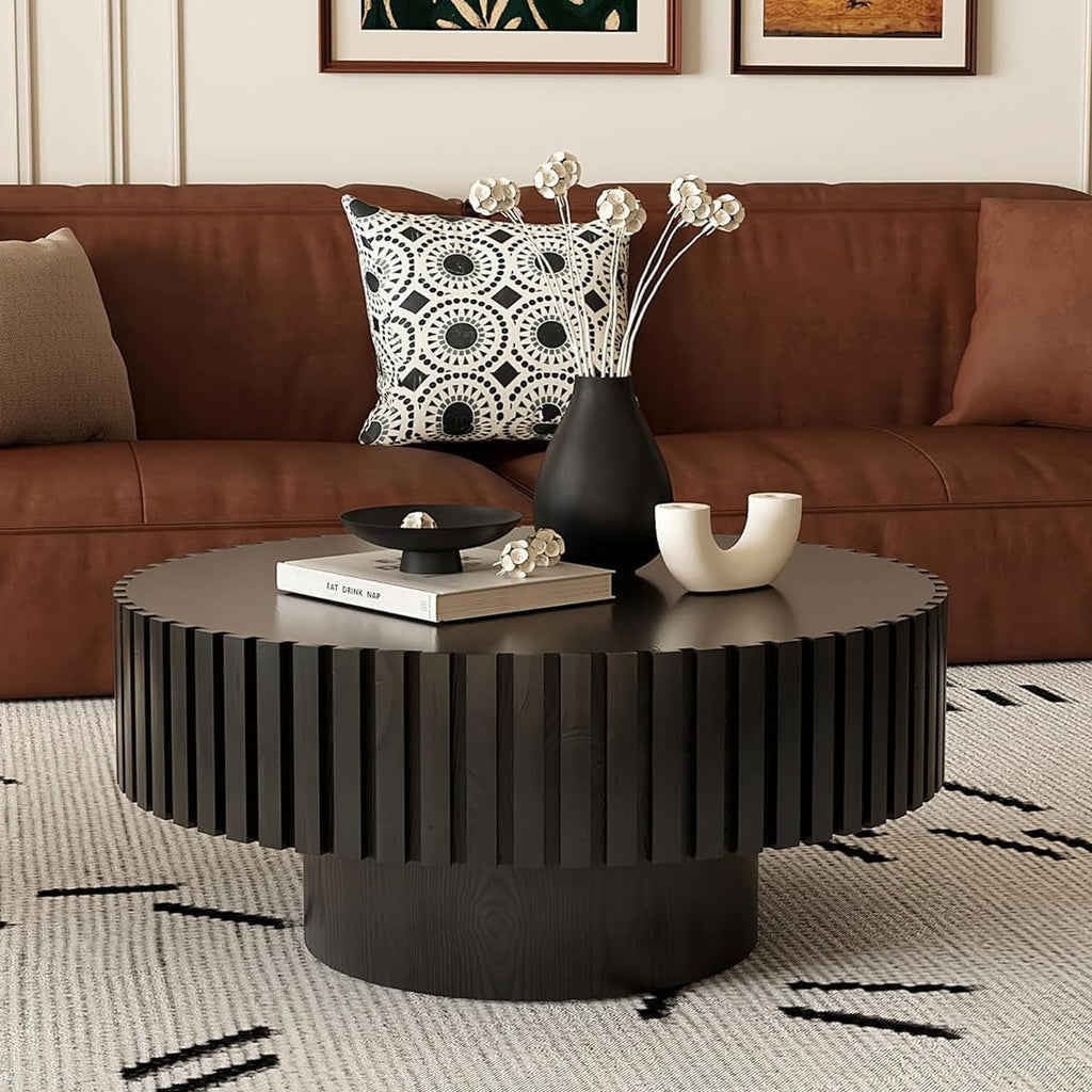 WXFKLDJ Round Drum Coffee Table Black Round Fluted Coffee Table Wood Circle Center Table Pedestal End Table for Apartment Living Room (Black Round)