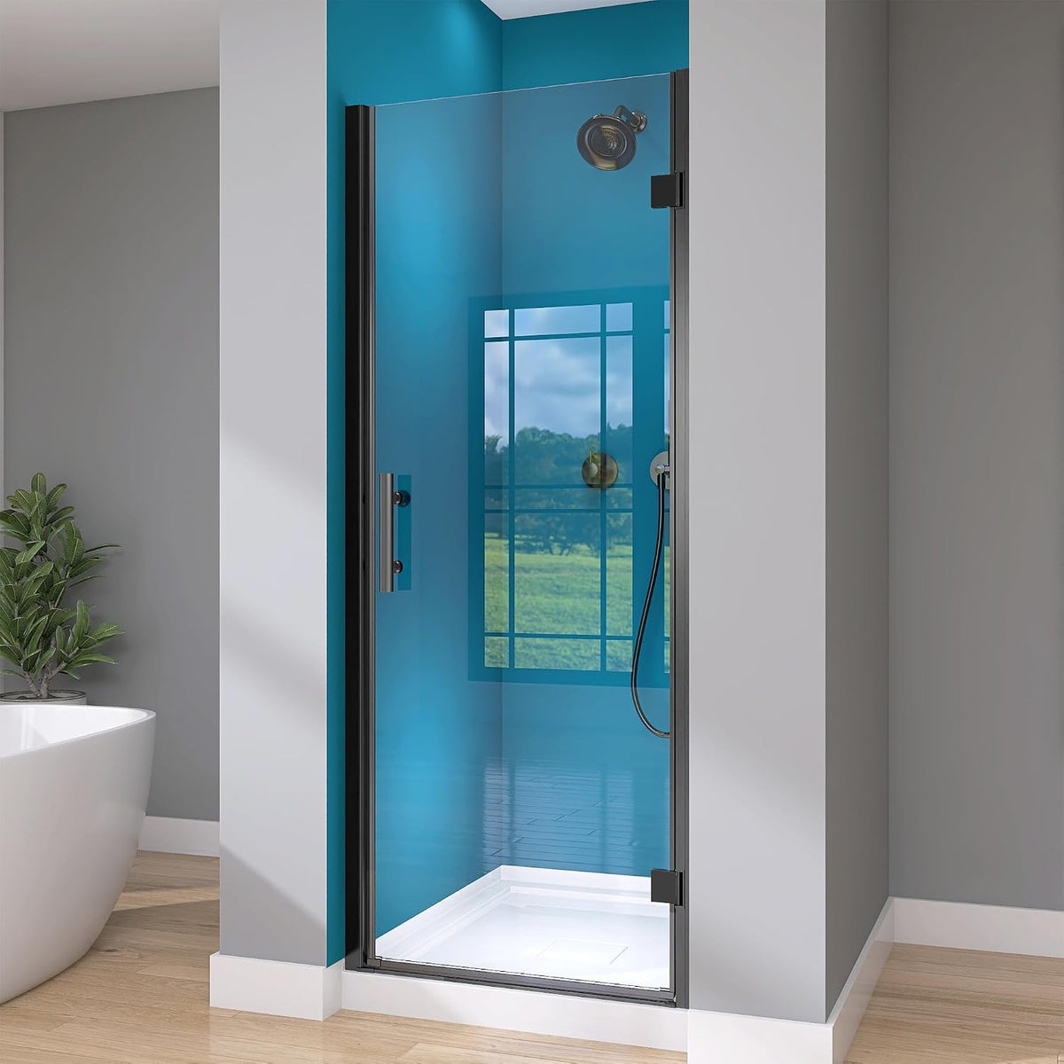GETPRO Frameless Pivot Shower Door 30 in. W x 72 in. H Swing Single Small Shower Door with 1/4 inch Tempered Glass Panel Adjustable Right Hinged Bathroom Door for Shower Matte Black Hardwares