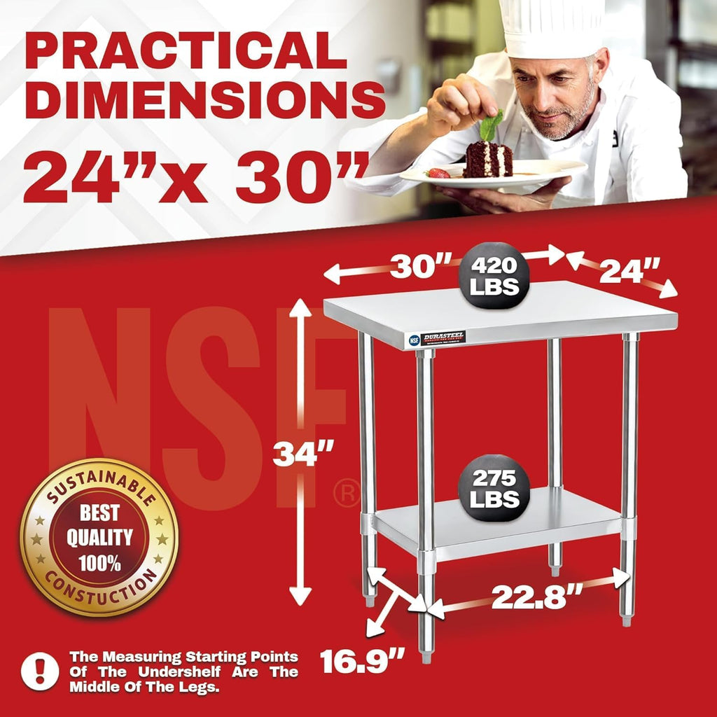 DuraSteel 24x30 Stainless Steel Work Table - NSF Commercial Prep Metal Table - Outdoor Pizza Oven Stand w/Under Shelf - Kitchen Island Laundry Utility Garage Microwave Stand Large Rolling Storage Cart