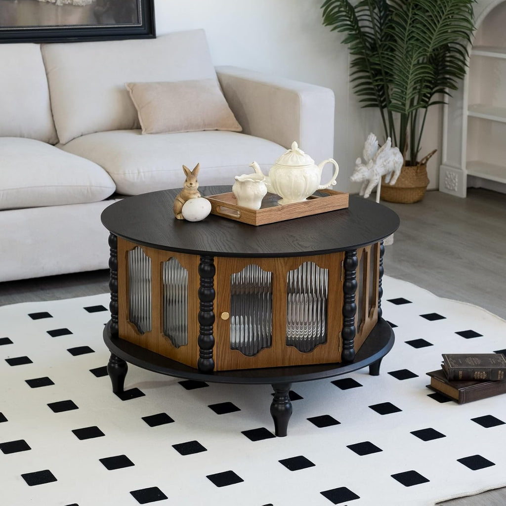 Coffee Table for Living Room Modern 31.5' Round Coffee Tables Center Storage Mid Century Wooden Circle Accent Tea Wood Home Furniture Apartment Small Spaces Black Tabletop + Walnut