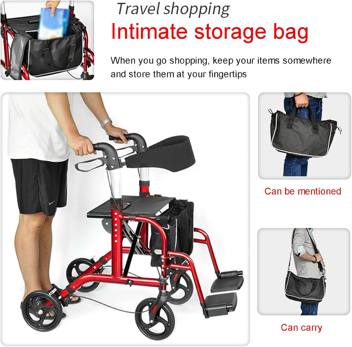 Mobility Walker for Seniors Lightweight Wheel Rollator, Folding Four Wheel Mobility Walker Disability Aids with Seat,Back Support, Basket, Carry Bag,Red