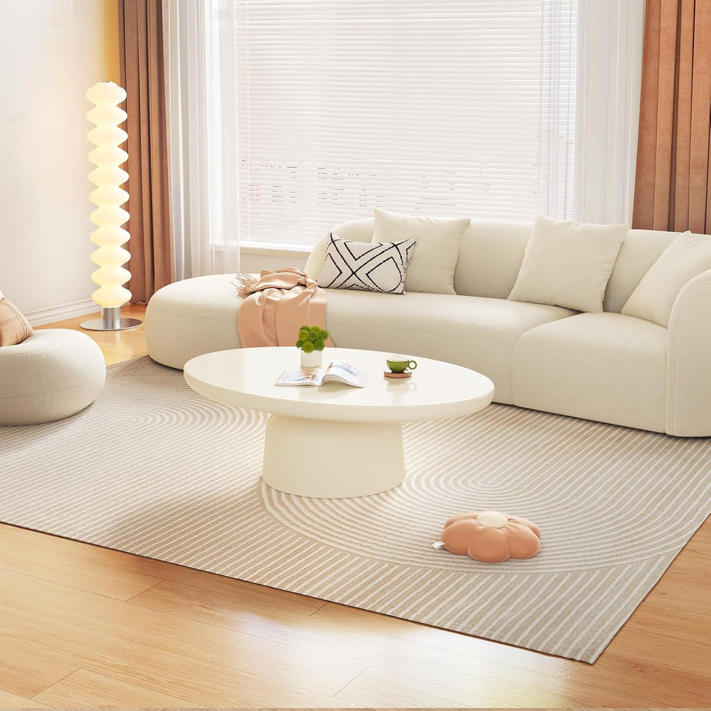White Oval Coffee Table, 45.66' Cream White Modern Coffee with Sturdy Pedestal for Bedroom,Living Room & Small Spaces