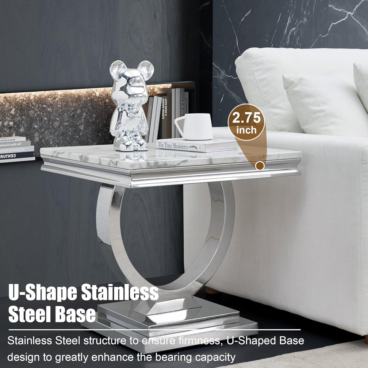 Marble Coffee Table Set of 3, Includes 1 Coffee Table with 2 Square End Side Tables, Luxury 3 Piece Living Room Table Set with White Faux Marble Tabletop & Silver Stainless Steel Base