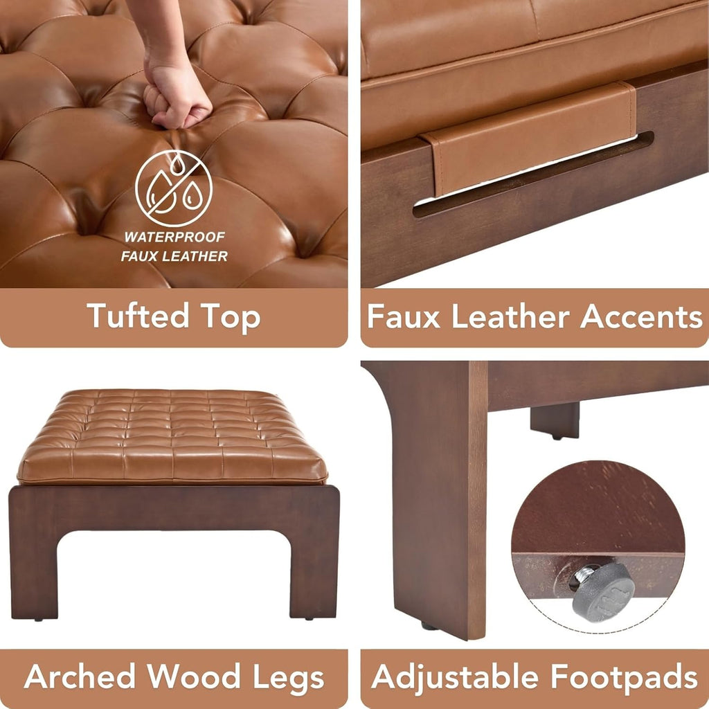 chairus 47.75' Large Rectangle Ottoman Coffee Table, Tufted Faux Leather Upholstered Living Room Coffee Table with Solid Wood Frame, Oversized Mid-Century Modern Footrest Ottoman, Brown PU