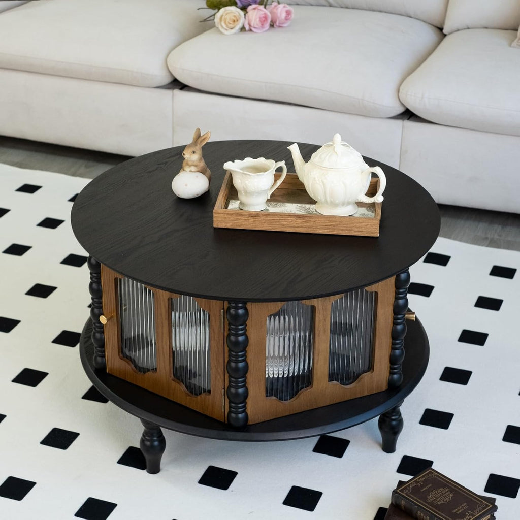 Coffee Table for Living Room Modern 31.5' Round Coffee Tables Center Storage Mid Century Wooden Circle Accent Tea Wood Home Furniture Apartment Small Spaces Black Tabletop + Walnut