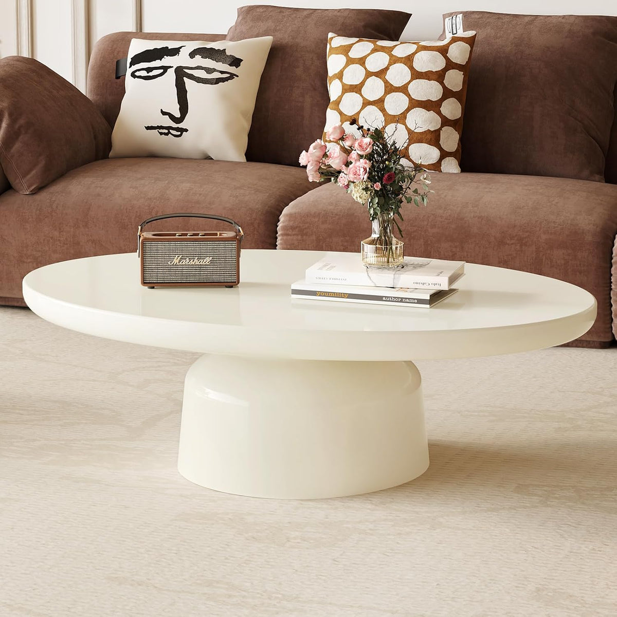 46' Oval Coffee Table, Mid-Century Modern Drum Coffee Table with Sturdy Pedestal & Thick Tabletop, Low Coffee Table for Living Room & Office, Easy Assembly, White