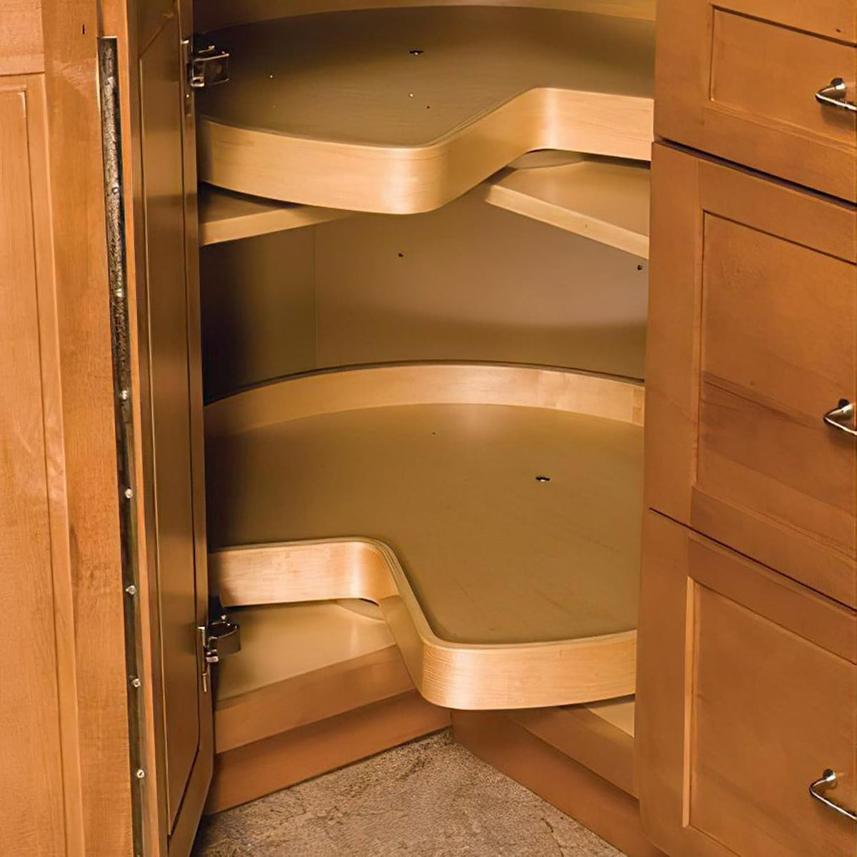 Rev-A-Shelf 28' Maple Wood Kidney-Shape Single-Shelf Lazy Susan Turntable with Swivel Bearing for Diagonal Corner Base Kitchen Cabinets, 4WLS401-32-BS52