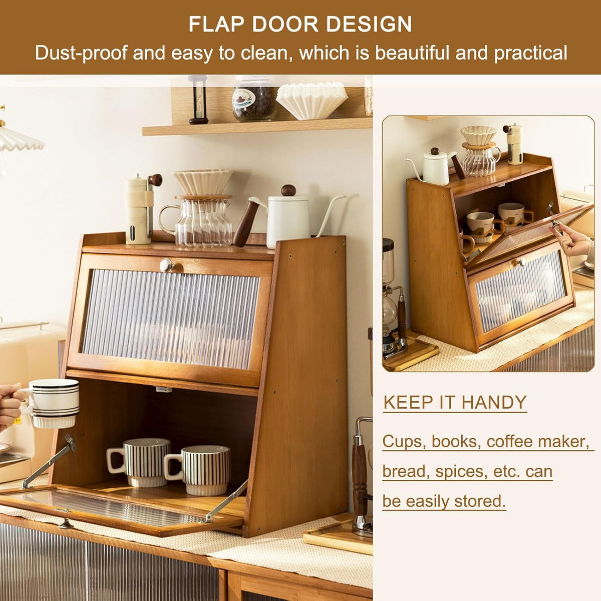 Spice Condiment Organizer, Double Layer Bamboo Bread Box, with Acrylic Window, Countertop Storage Cabinet Spice Rack Organizer Kitchen Countertop Storage Shelf,Wood,40×50cm/16×20in