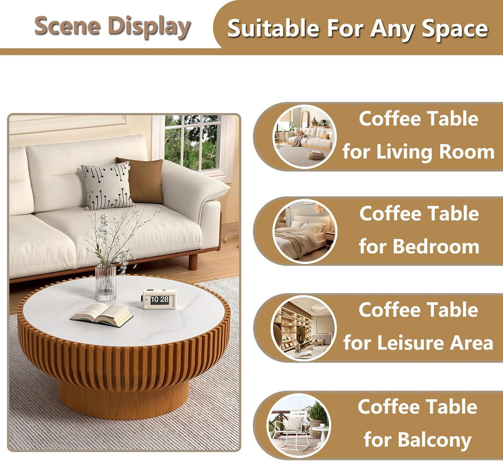 Round Handcraft Fluted Coffee Table with Sturdy Stable Pedestal Modern Luxury Drum Center Table Circle Accent Base Center Tables for Living Room Apartment (R)