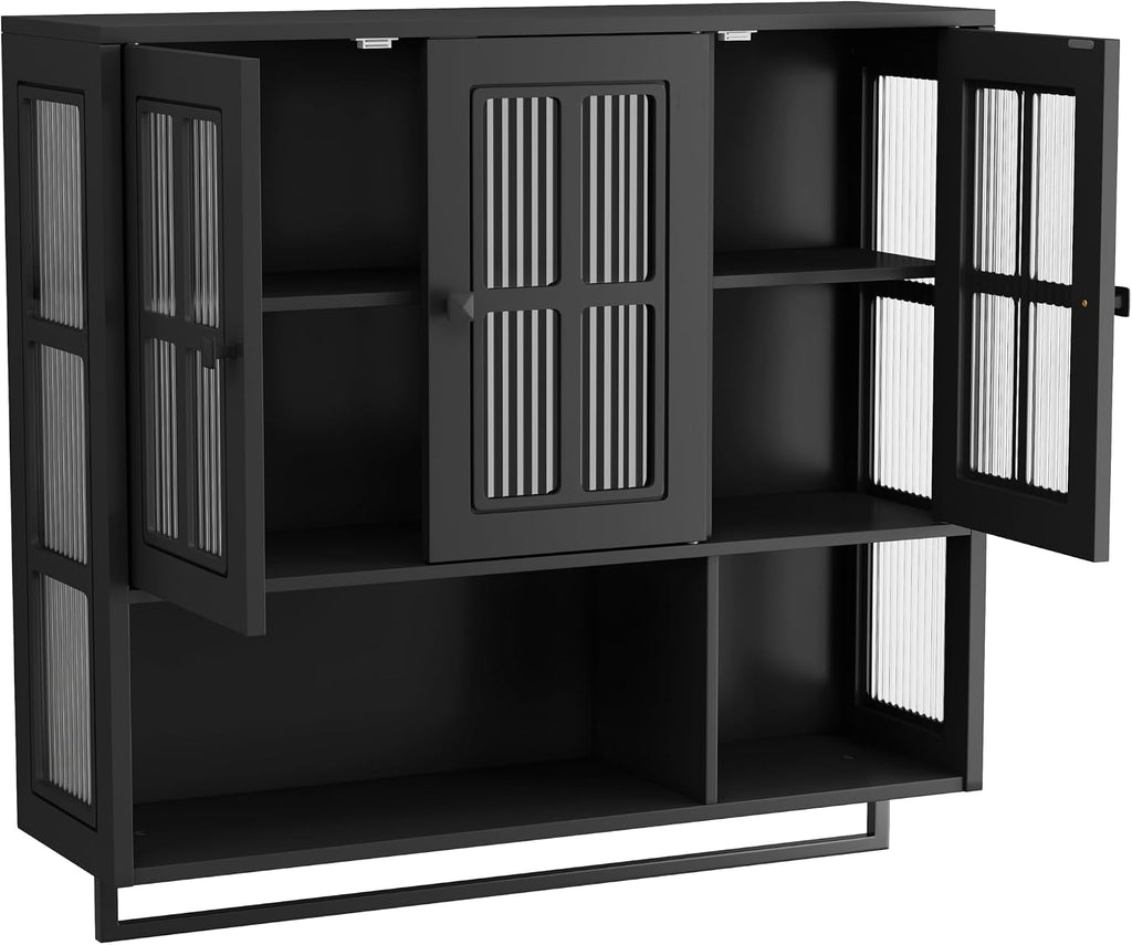 Bathroom Wall Cabinet Over The Toilet, 3 Door Wooden Medicine Cabinet with Open Shelf & Glass Door, Space Saving Storage Organizer with Towel Bar (Black)