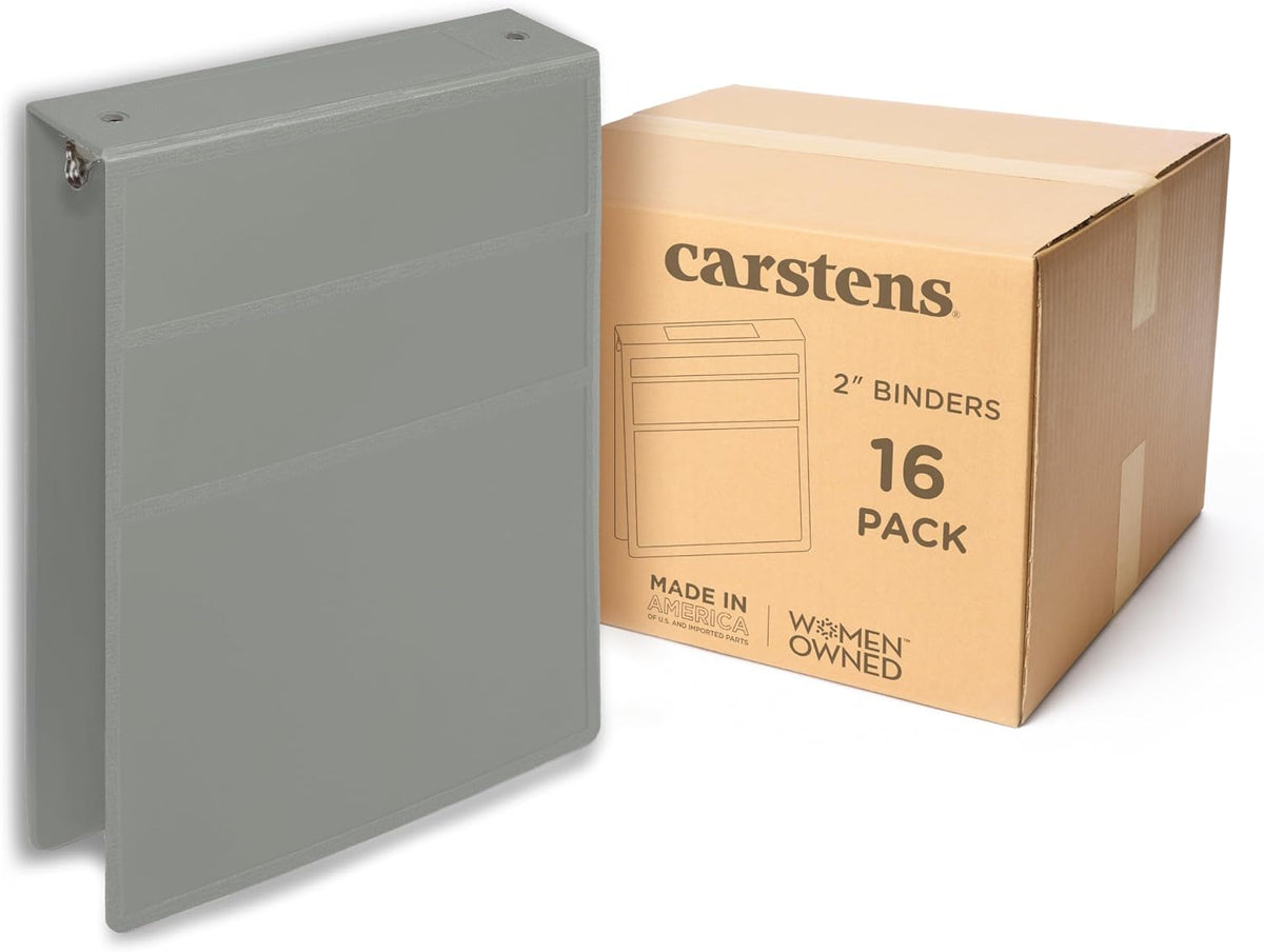 Carstens 2-Inch Heavy Duty 3-Ring Binder - Top Opening, Ash Gray, Durable Plastic, No-Gap Rings, Waterproof Cover, No Pockets, Holds 300 US Letter Sheets, BPA-Free, Made in USA (2872-3R), Case of 16