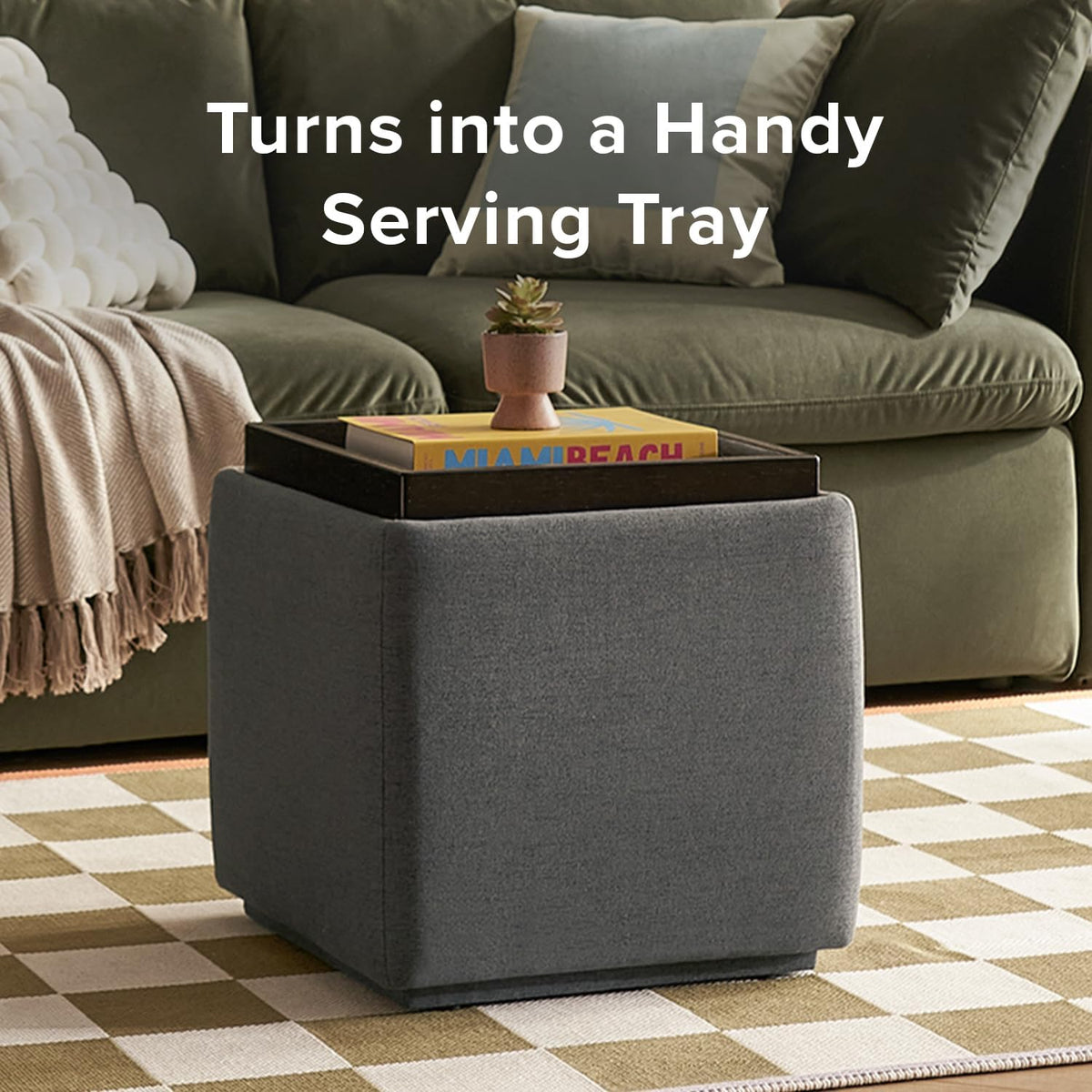mopio Levi Storage Ottoman with Reversible Tray, Modern Square Chest Coffee Table, Upholstered Cube Sitting Foot Stools Ottoman for Living Room, Bedroom, Entryway (Fabric, Dark Gray)