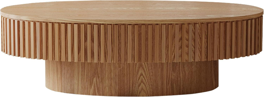 Oval Coffee Table for Living Room Modern Wood Center Tables with Storage Drum Tea Cocktail Fluted Mid Century Apartment Easy Assemble, Wood 31.5' D x 47.2' W x14.2 H