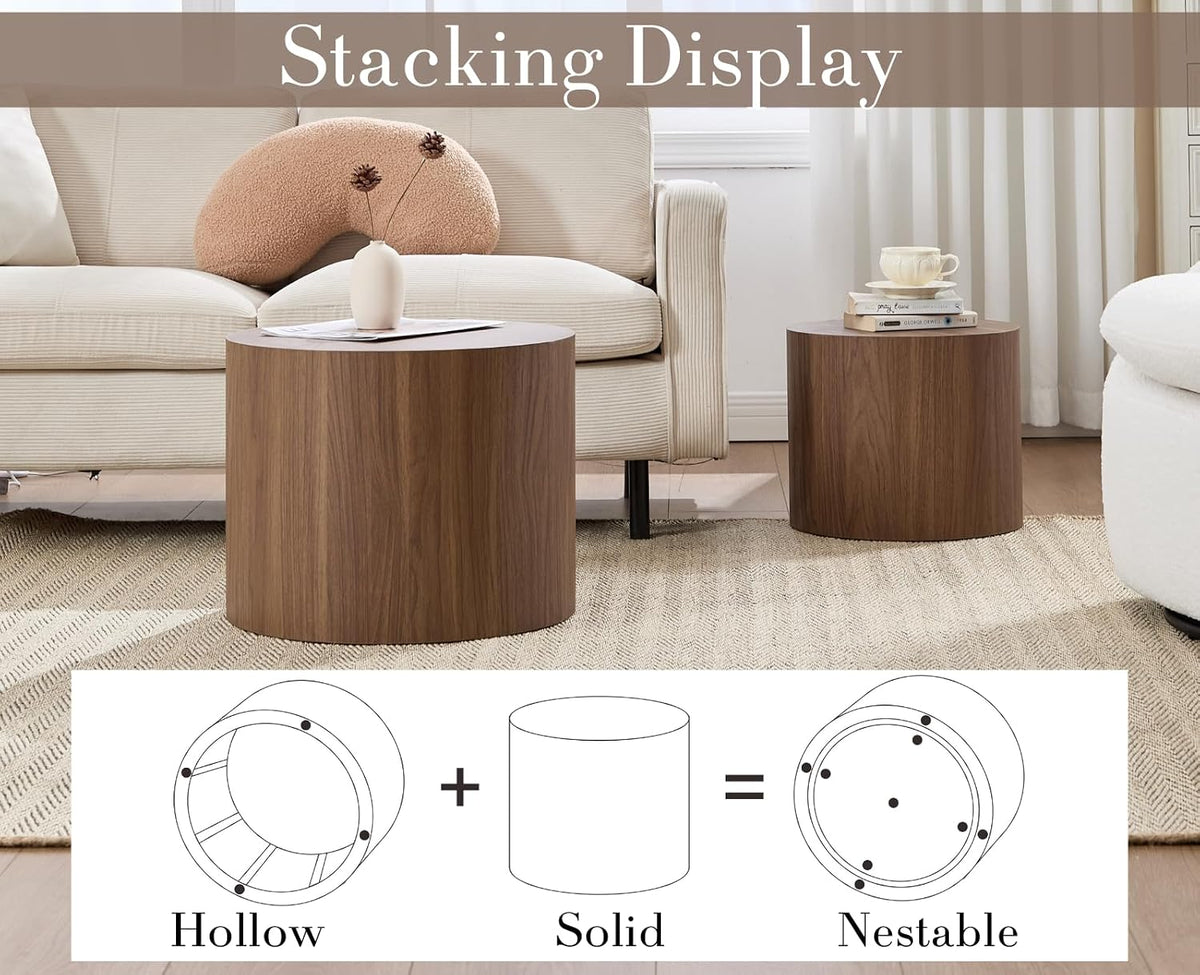 CIMOTA Round Wood Nesting Coffee Table Set of 2, Modern Circle Travertine End Side Table Sets for Living Room, Walnut Wooden Color/No Assembling