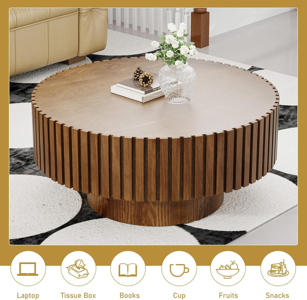 Round Drum Coffee Table 31.5' Wooden Coffee Tables Handcrafted Fluted Drum Coffee Table Modern Luxury Circle Center Table Vintage Farmhouse Center Table for Living Room (Round Dark Brown)