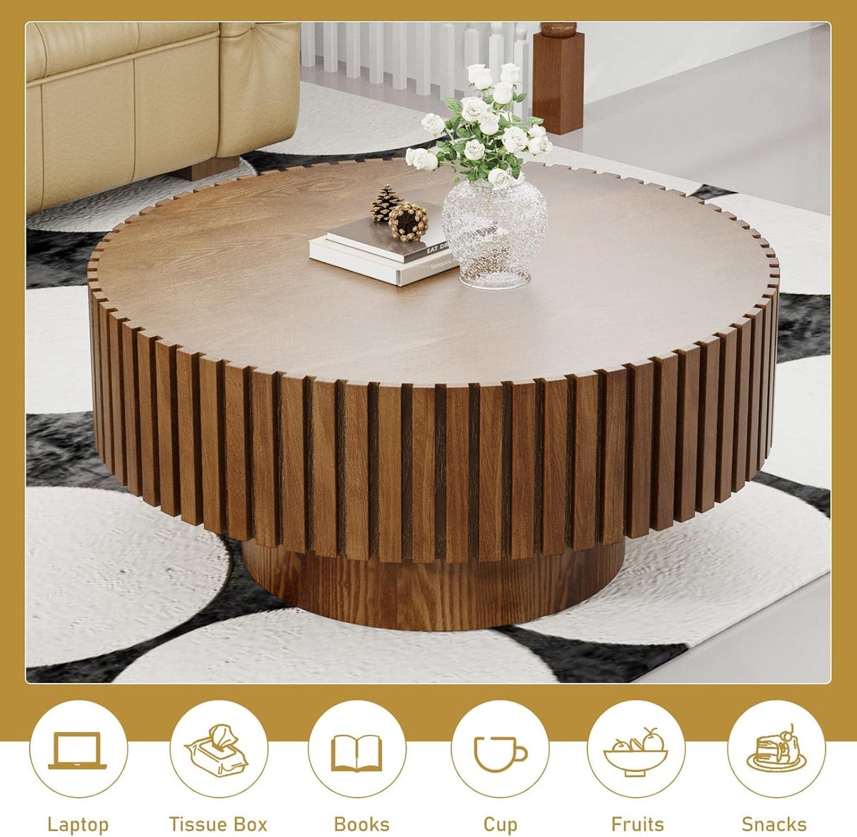 Round Drum Coffee Table 31.5' Wooden Coffee Tables Handcrafted Fluted Drum Coffee Table Modern Luxury Circle Center Table Vintage Farmhouse Center Table for Living Room (Round Dark Brown)