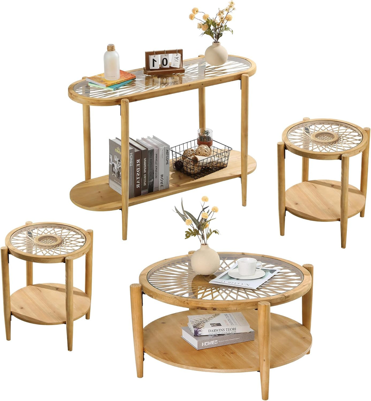 RUSTOWN Rattan Coffee Table Set, 4 Pieces Rattan Living Room Table Set Includes Console Table, Round Coffee Table & 2 End Tables, Boho Farmhouse Set for Living Room, Bedroom, Home Office, Natural