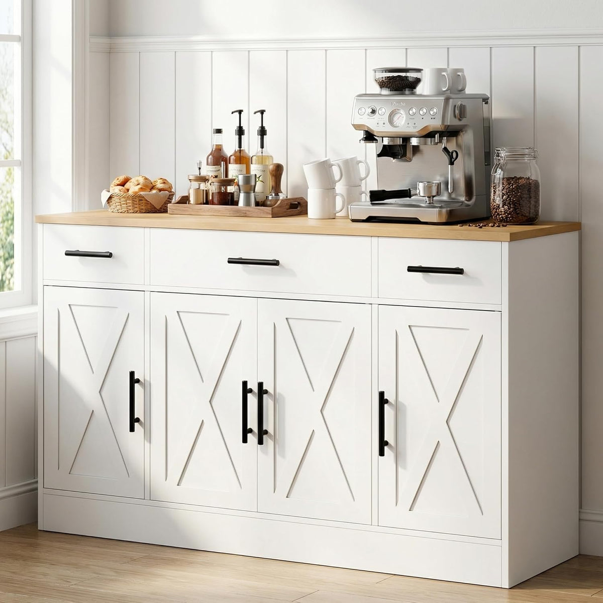 SUNLEI Kitchen Buffet Sideboard Cabinet, Farmhouse Coffee Bar Cabinet with Storage, Wooden Kitchen Storage Cabinet with 4 Doors & Adjustable Shelves, Modern Sideboard for Kitchen & Living Room, Ivory