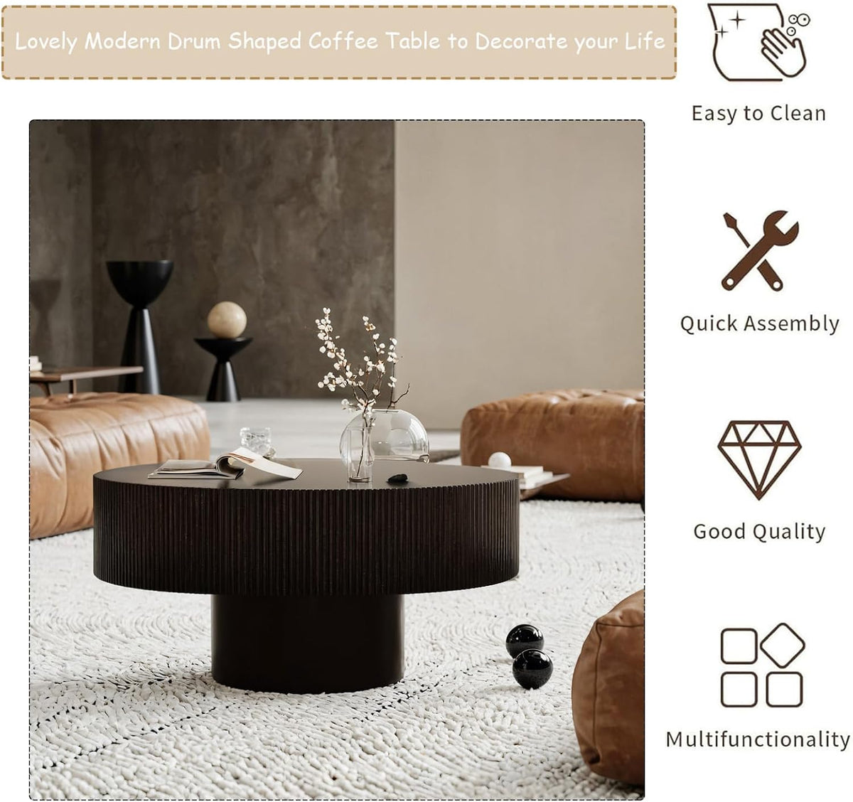 Round Fluted Coffee Table Modern Handcraft Drum Chipboard Wood Center Table, Unique Mid Century Aesthetic Low Coffee Table, for Living Room, Apartment,D