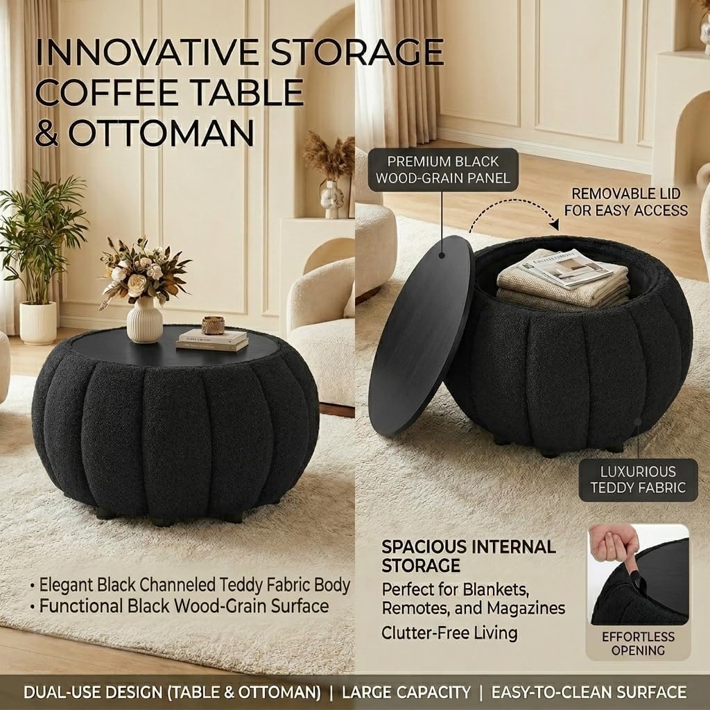 Ottoman Coffee Table for Living Room, Wooden Top Large Storage Ottoman, 30 Inches Round Coffee Table, Pumpkin Shaped Side Table, Multifunctional Teddy Fabric Footstool (Black)