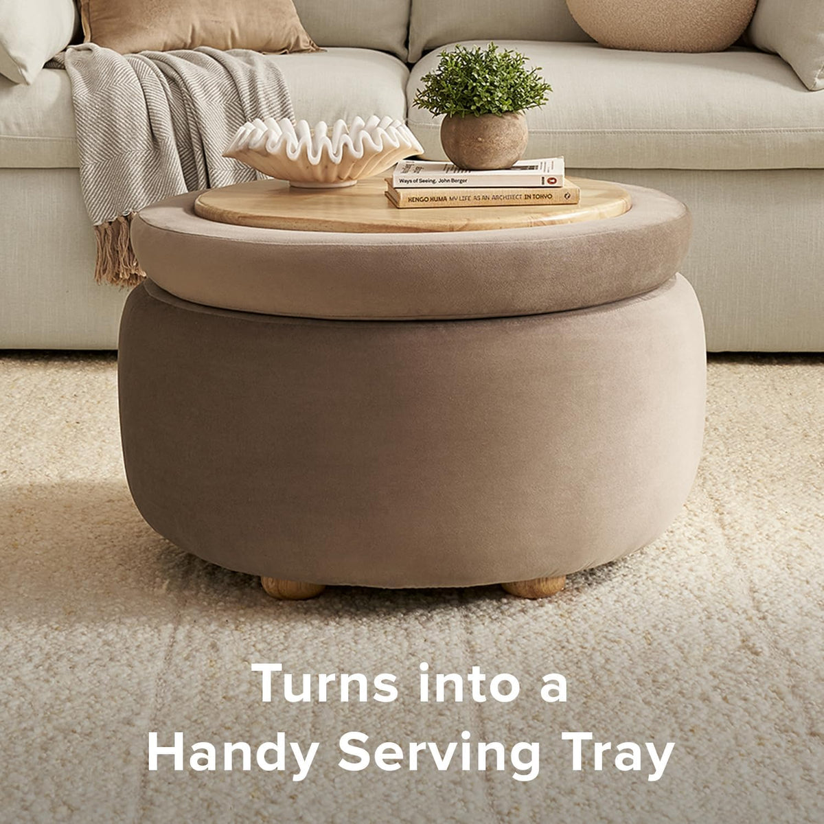 mopio Luna Round Ottoman with Storage and Tray, Round Coffee Table with Storage, Upholstered Foot Stools Ottoman for Living Room, Bedroom, with Solid Rubberwood Legs (Mocha Brown Premium Velvet)