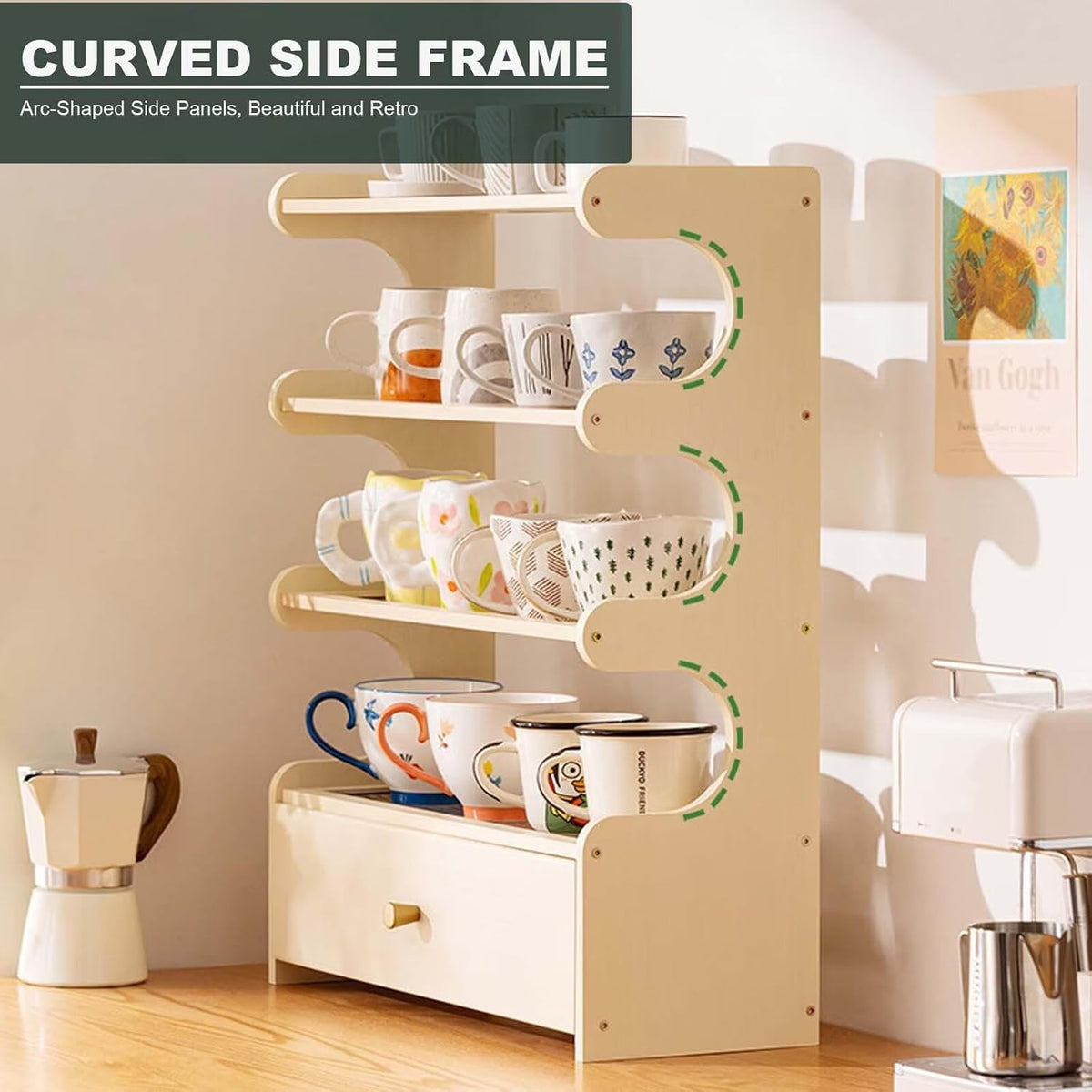 Coffee Mug Holder Bamboo Cup Rack, 4-Tier with Drawer Acrylic Home Display Rack for Kitchen Countertops, Coffee Bars, for Placing Mugs, Syrup, Cups, Stirrers