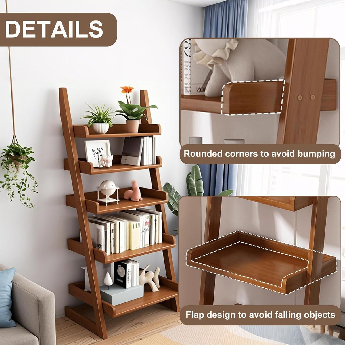 Ladder Shelf Bookcase, 5 Tier Walnut Wooden Ladder Bookshelf, Space-Saving Freestanding Storage Rack for Living Room, Home Office and Bedroom, 55.1' H