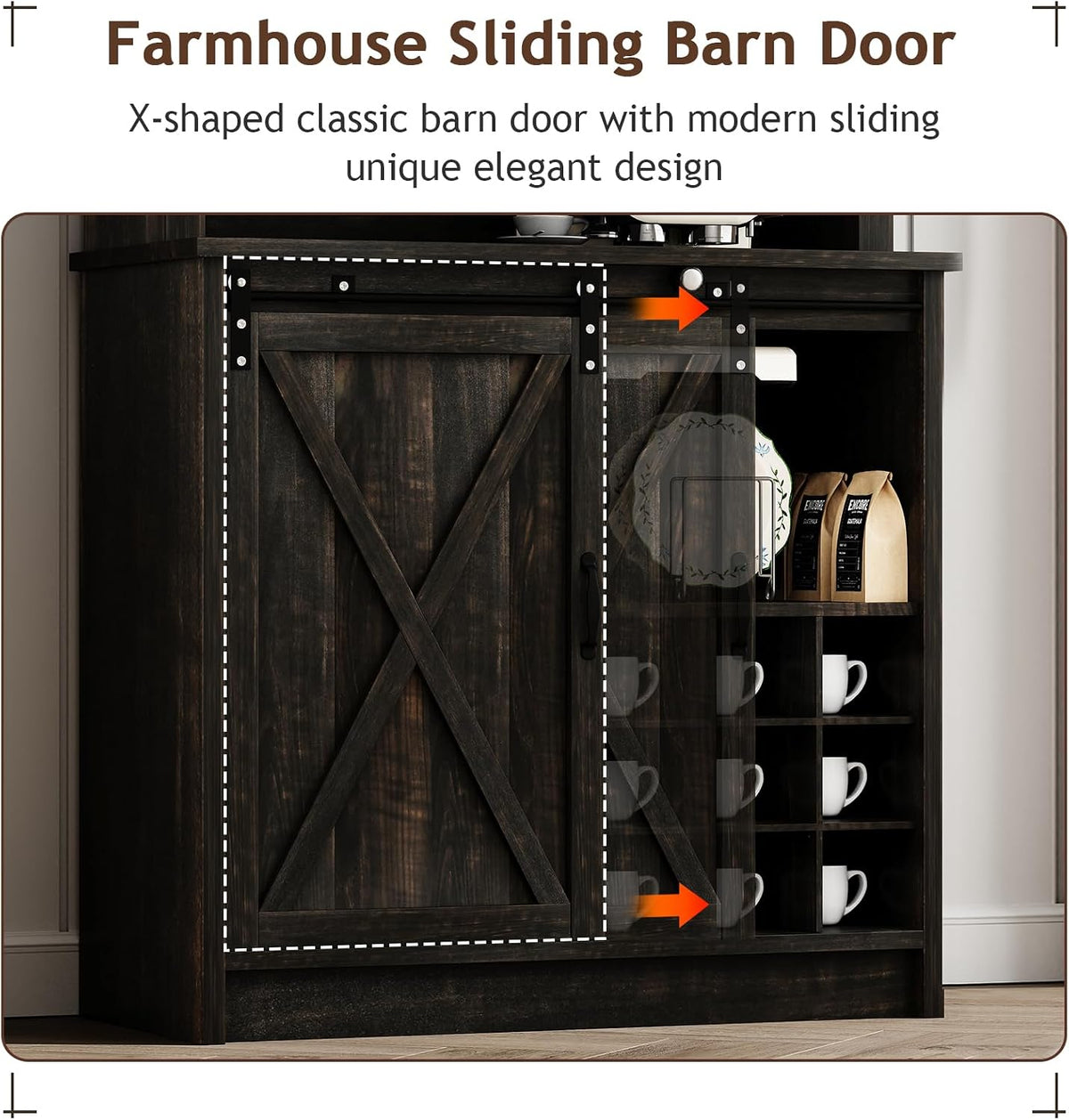 4ever2buy Farmhouse Coffee Bar Cabinet with Sliding Barn Door, 72' Hutch Coffee Bar with Storage, Large Kitchen Buffet Cabinet with Hutch, Tall Bar Cabinet Table for Living Dining Room, Oak
